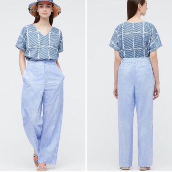 Marimekko x Uniqlo Elastic Waist High Rise Striped Pants Blue White Sz S Casual - Picture 1 of 15